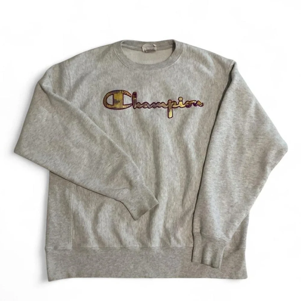 Champion Reverse Weave Sweatshirt Men L Grey Good Plaid Script Logo Embroidered